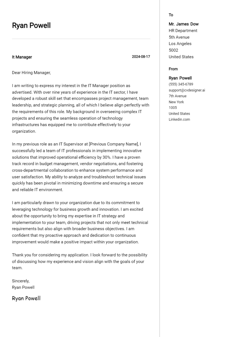 IT Manager Cover Letter Example for 2025: Free Templates 1 IT Manager Cover Letter Example for 2025: Free Templates
