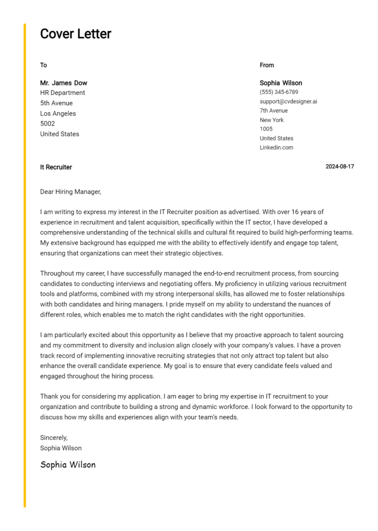 IT Recruiter Cover Letter Example for 2025: Expert Tips & Templates