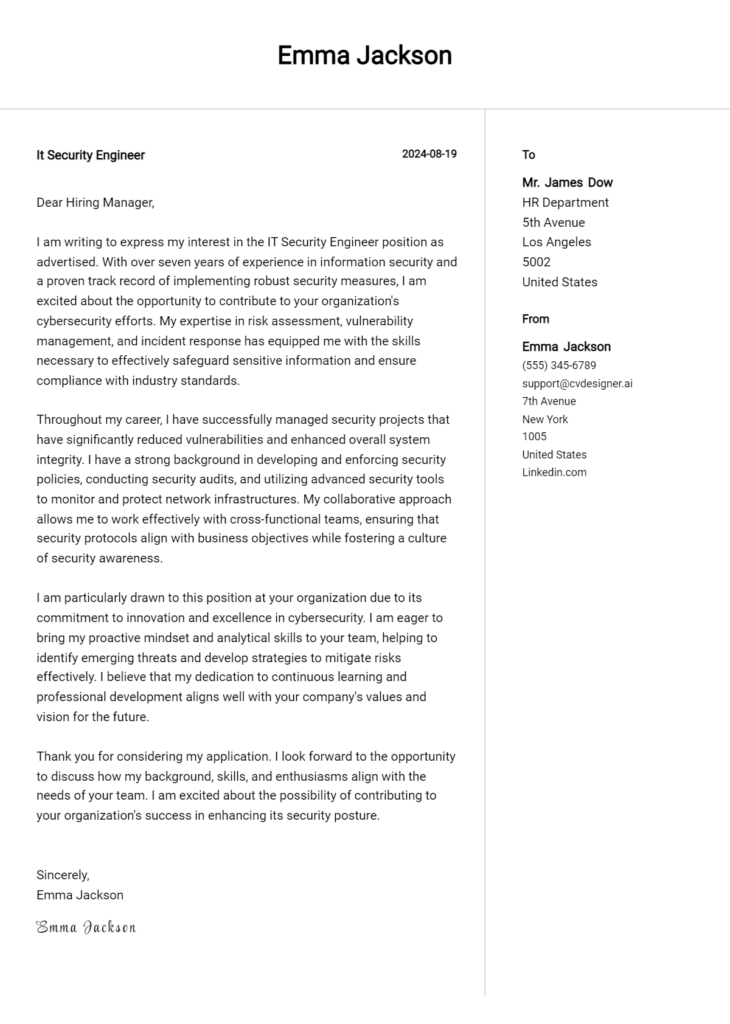 it security engineer cover letter example