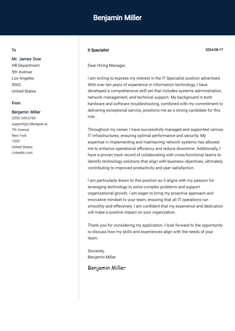 IT Specialist Cover Letter Example for 2025: Proven Tips