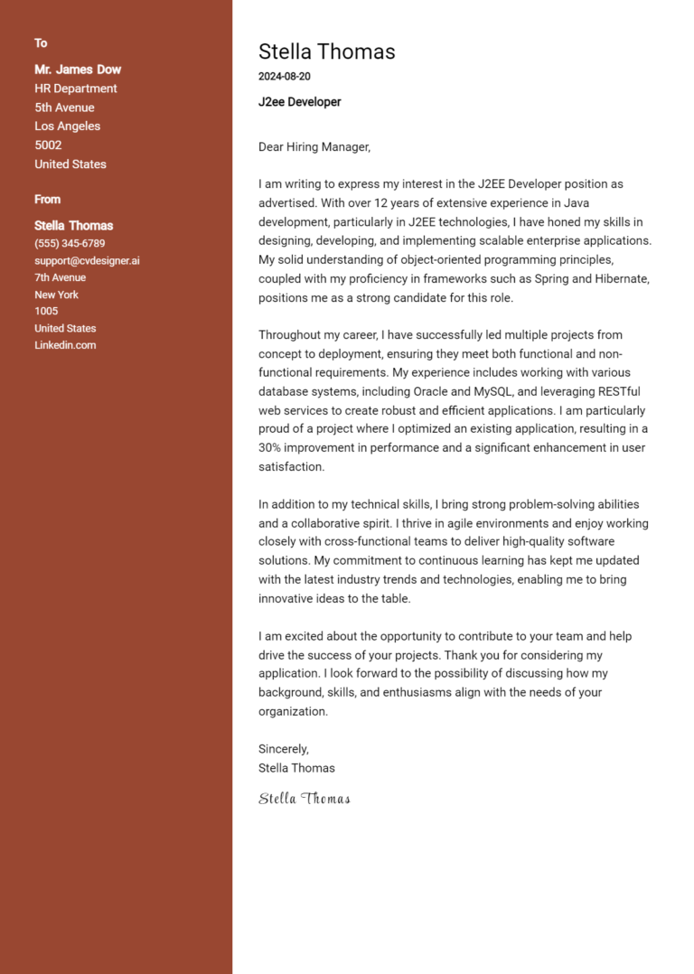 J2Ee Developer Cover Letter Example for 2025: Proven Tips