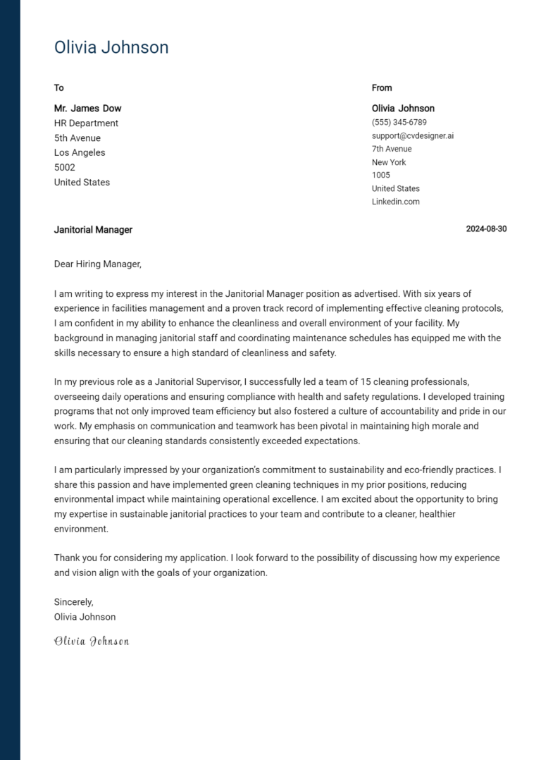 Janitorial Manager Cover Letter Example for 2025: Proven Tips
