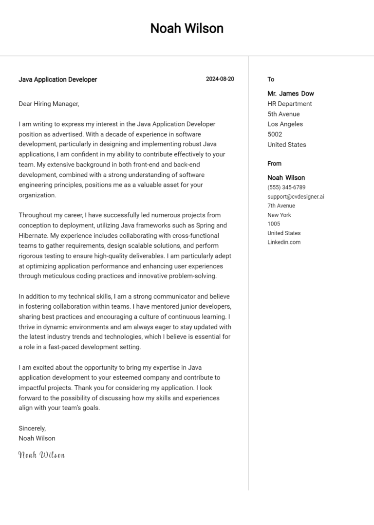 Java Application Developer Cover Letter Example for 2025 (Download Templates)