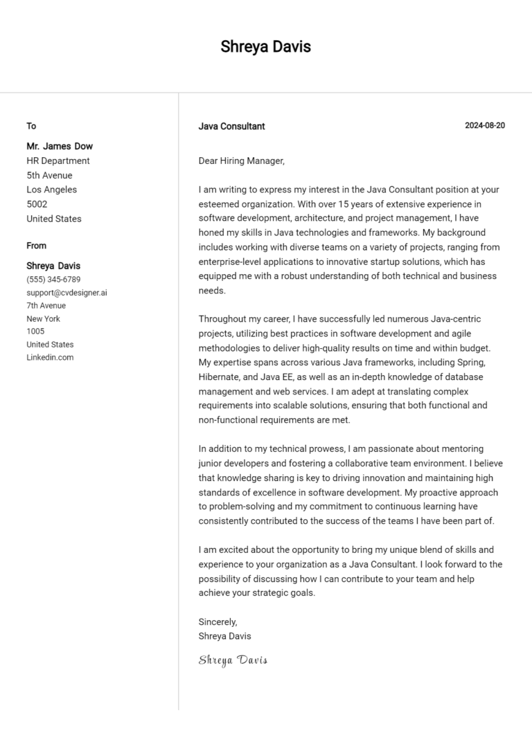 Java Consultant Cover Letter Examples for 2025 (Downloadable)