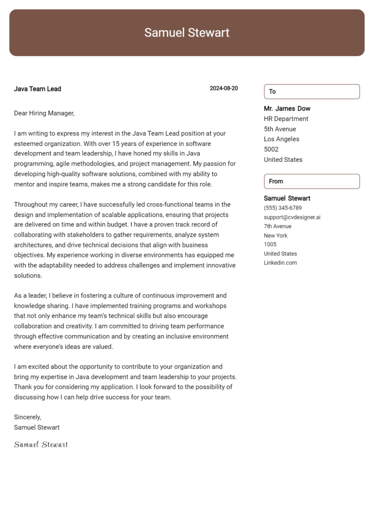 Java Team Lead Cover Letter Example for 2025: Ultimate Guide