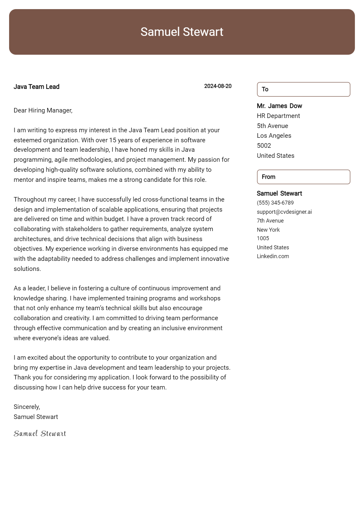java team lead cover letter example