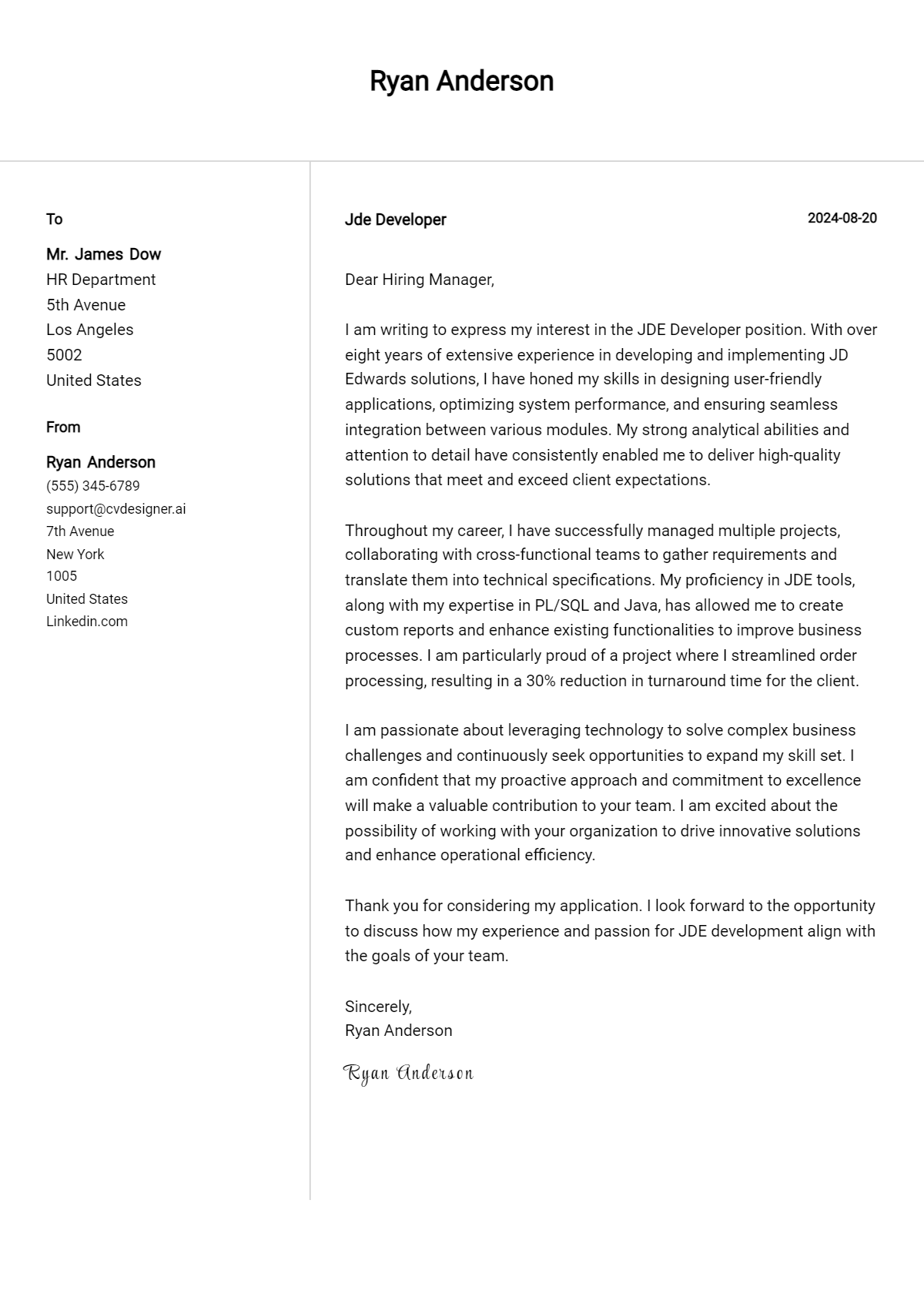 jde developer cover letter example