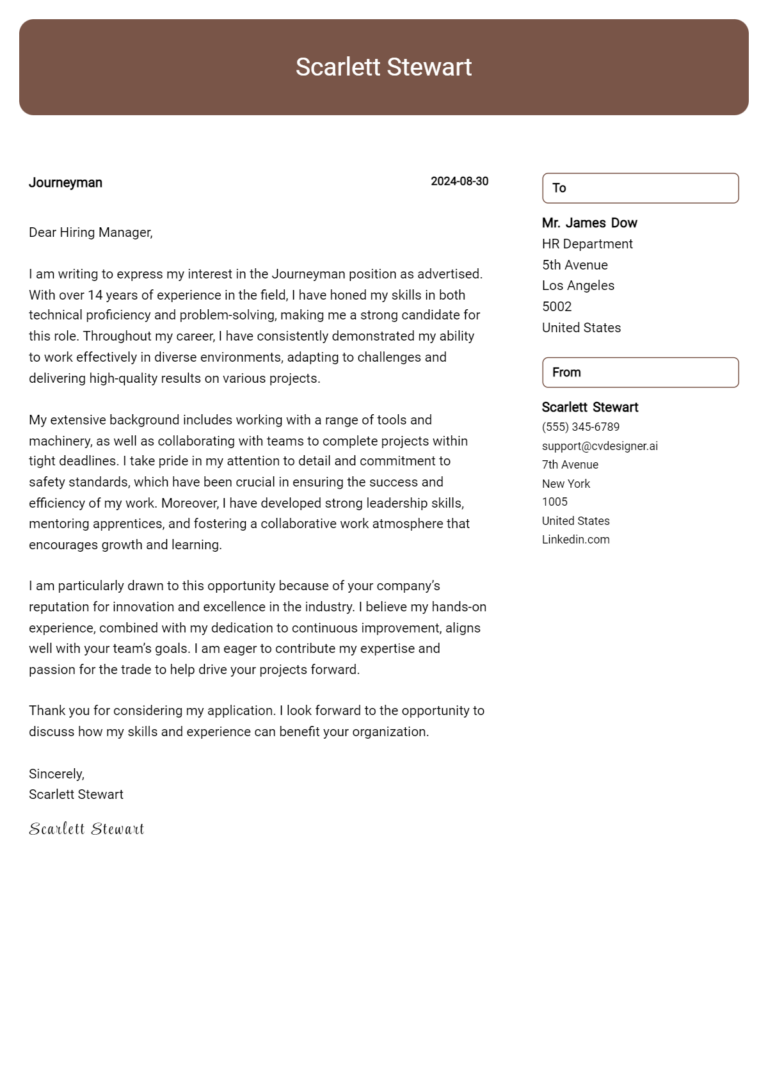Journeyman Cover Letter Samples & Examples 2025