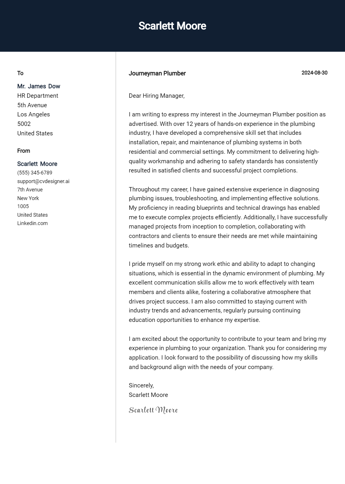 journeyman plumber cover letter example