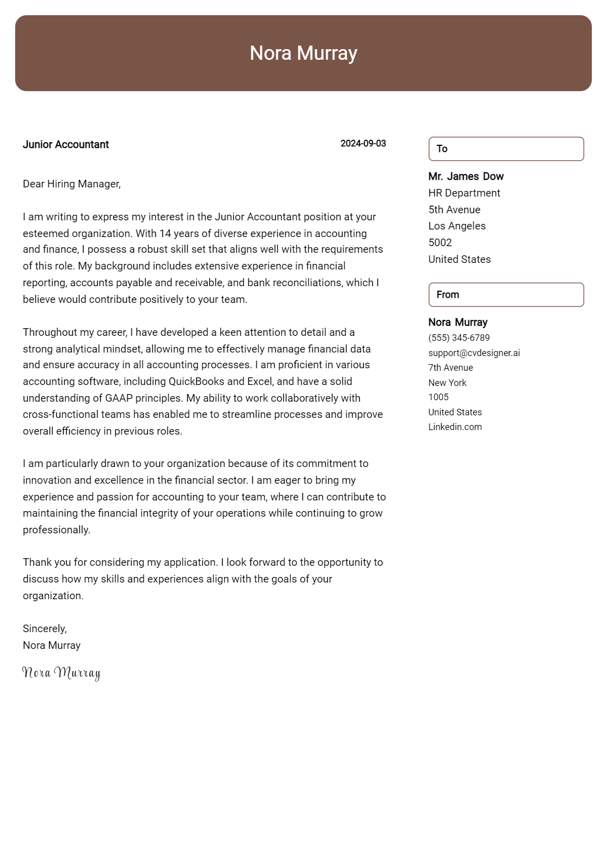 junior accountant cover letter example