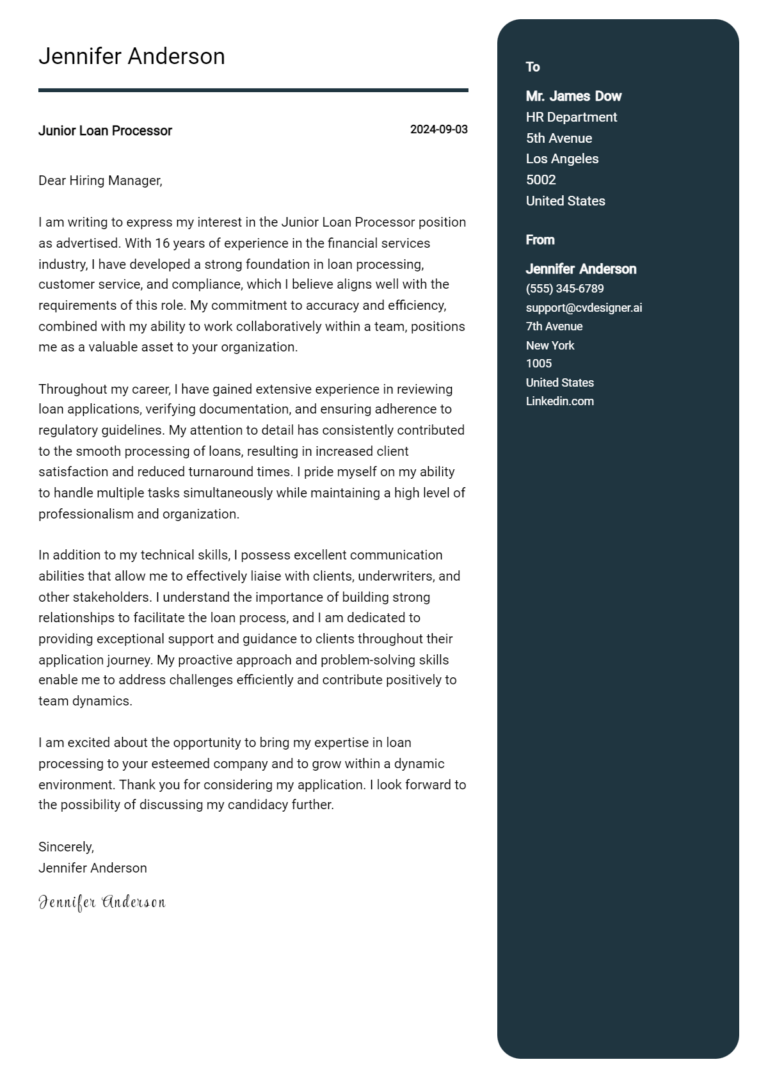Junior Loan Processor Cover Letter Example for 2025: Tips & Templates