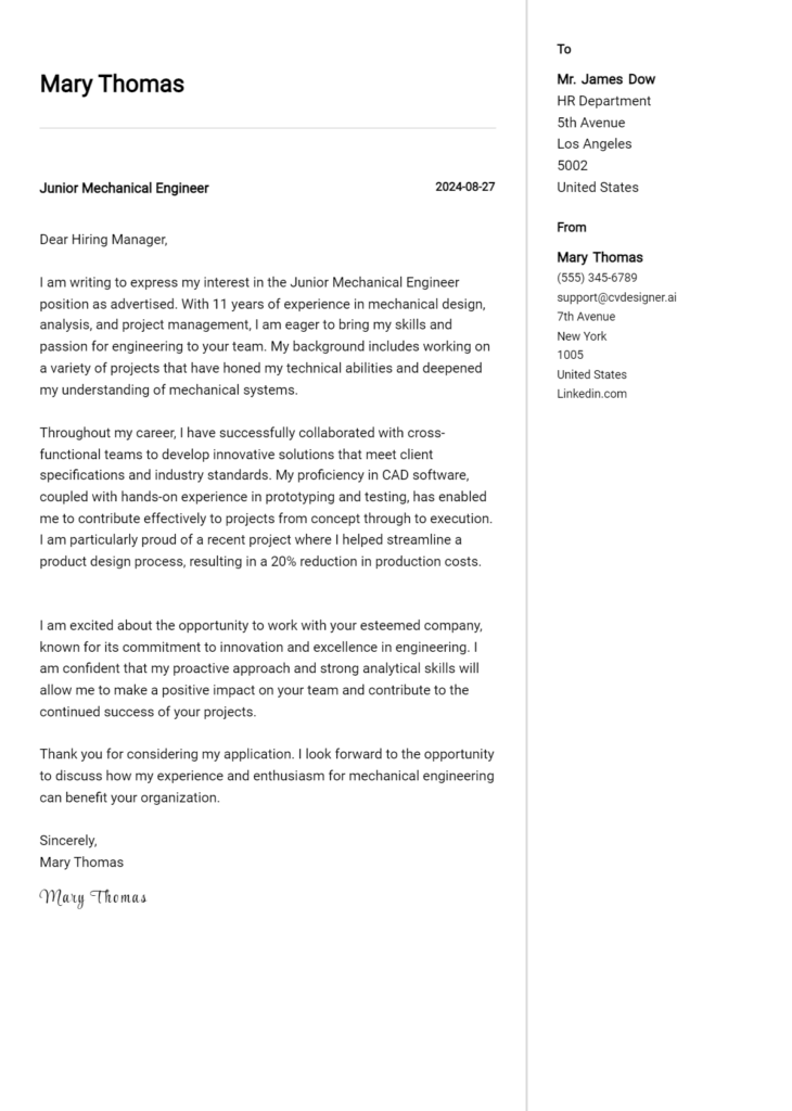 junior mechanical engineer cover letter example