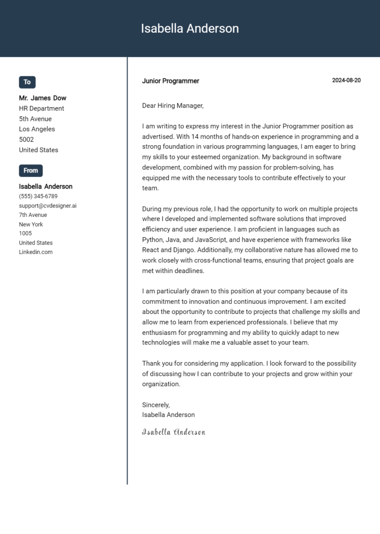 9 Junior Programmer Cover Letter Examples for 2025 (Writing Guide) 1 9 Junior Programmer Cover Letter Examples for 2025 (Writing Guide)
