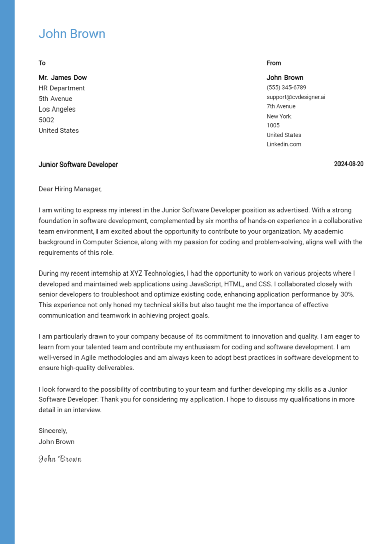 Junior Software Developer Cover Letter Examples and Templates for 2025