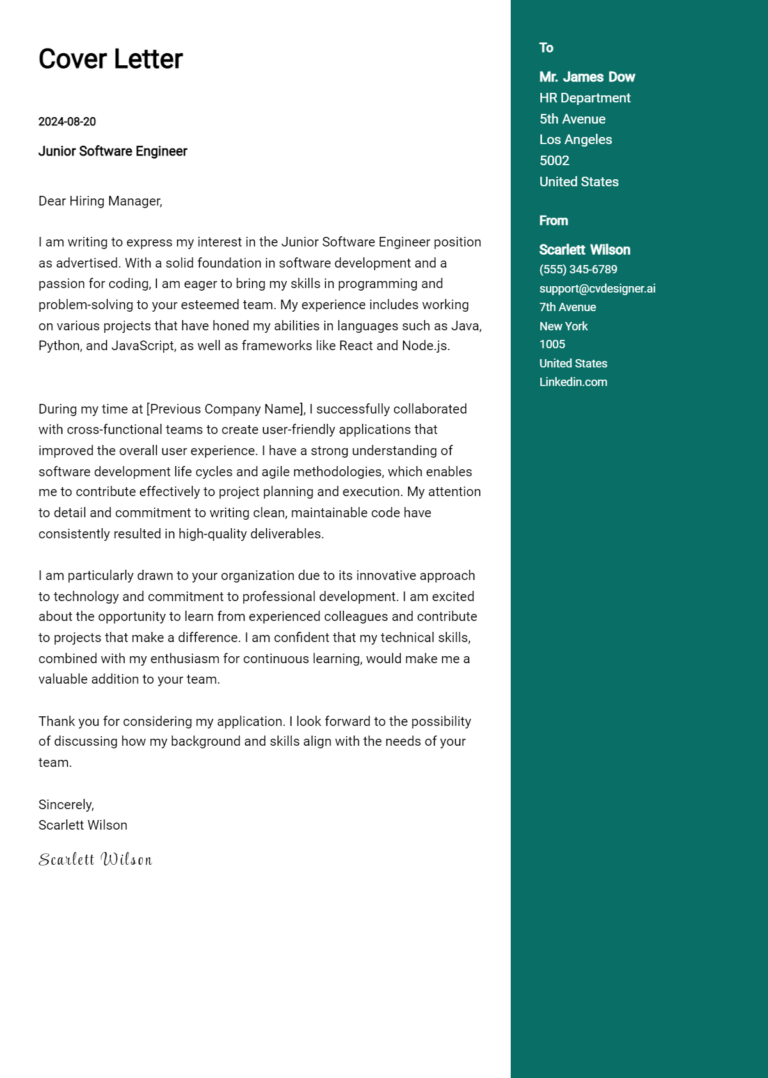 Junior Software Engineer Cover Letter Examples with Writing Tips for 2025