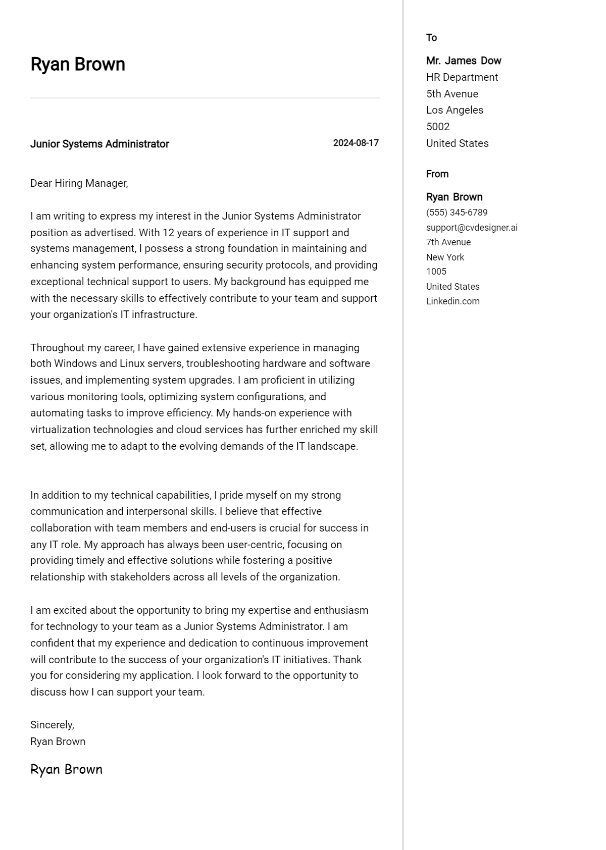 junior systems administrator cover letter example