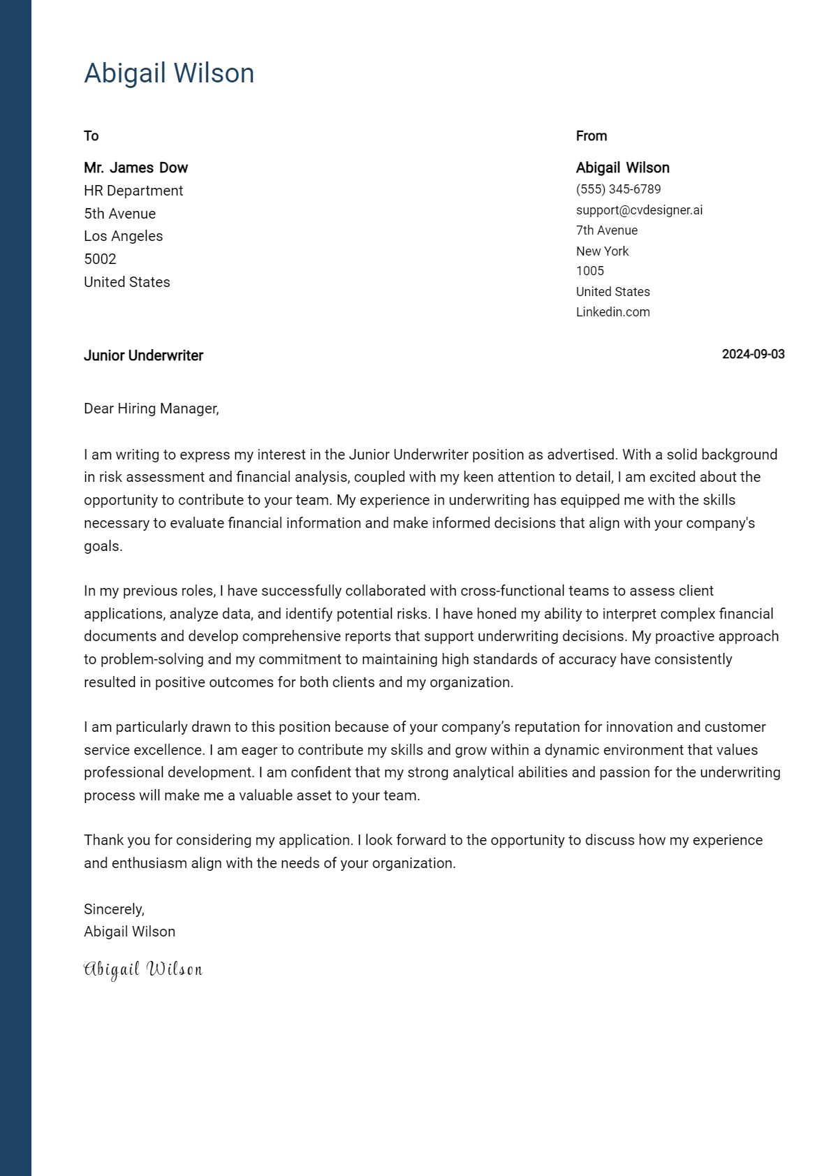 junior underwriter cover letter example