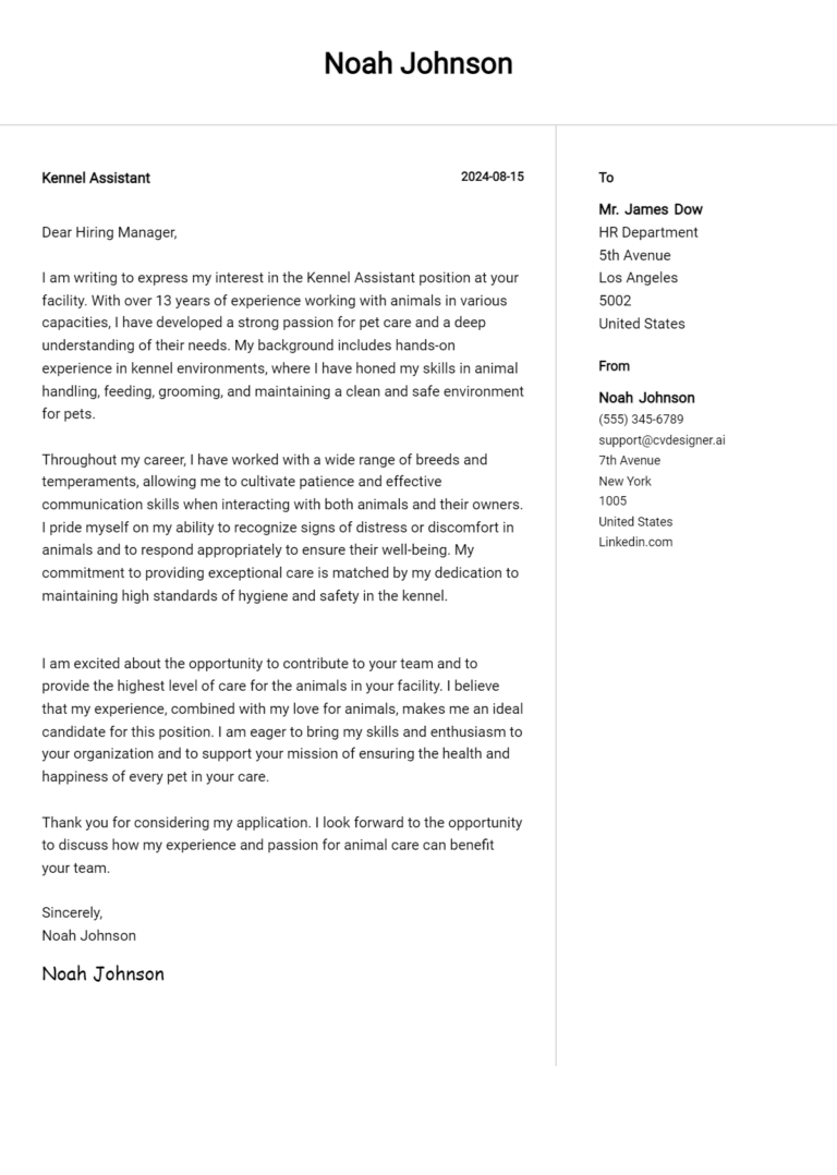 Kennel Assistant Cover Letter Example for 2025 (Free Templates)