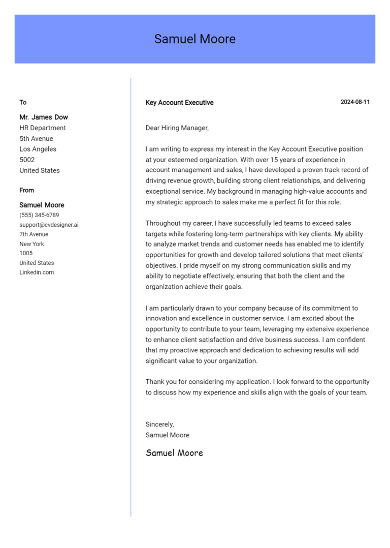 Key Account Executive Cover Letter Samples & Examples 2025