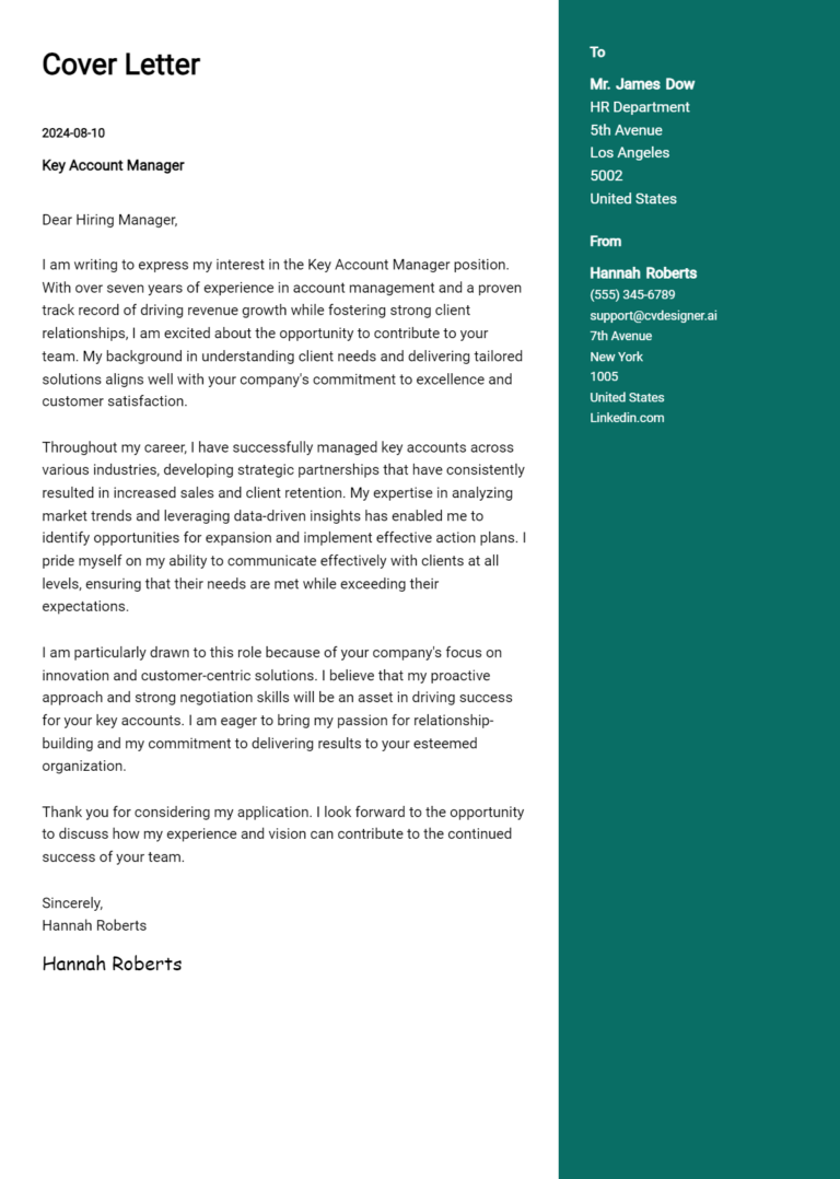 Key Account Manager Cover Letter Example for 2025: Expert Tips & Templates