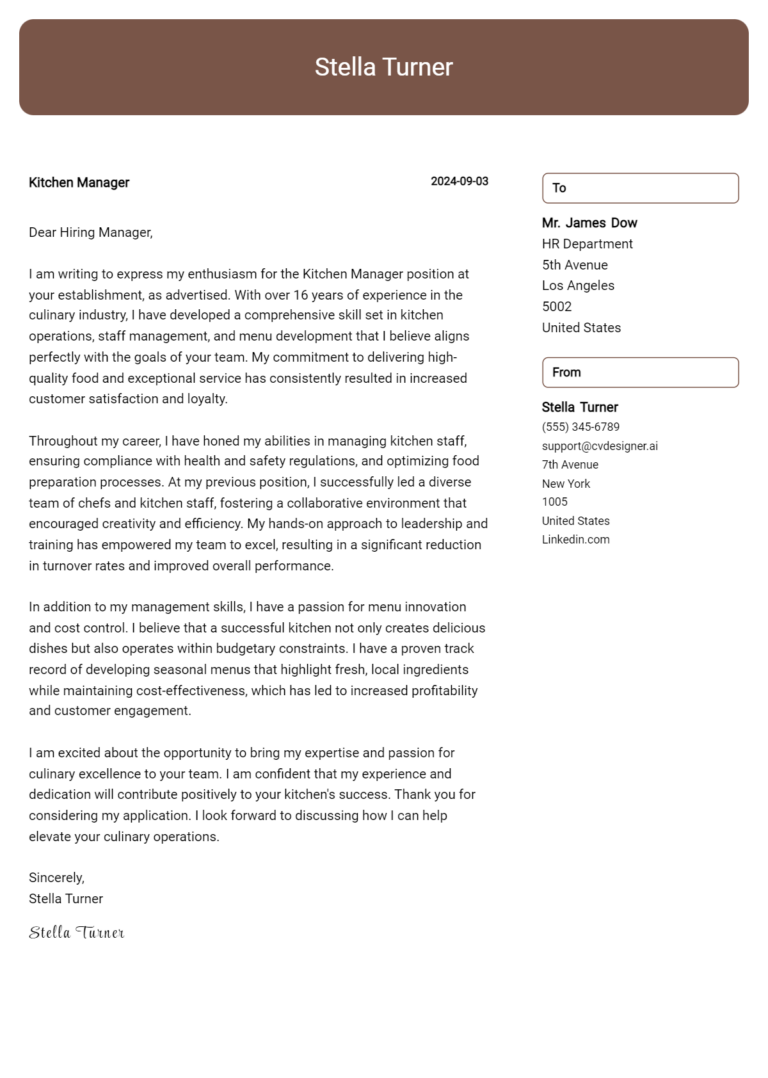 Kitchen Manager Cover Letter Examples for 2025 (Downloadable)