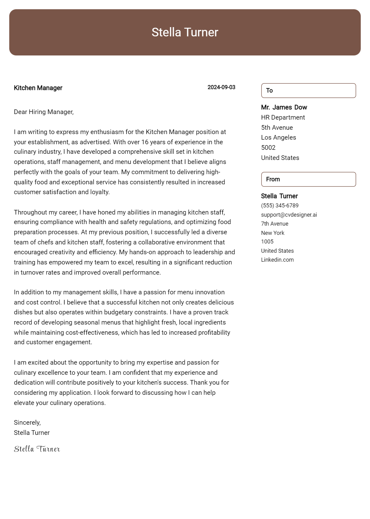 kitchen manager cover letter example