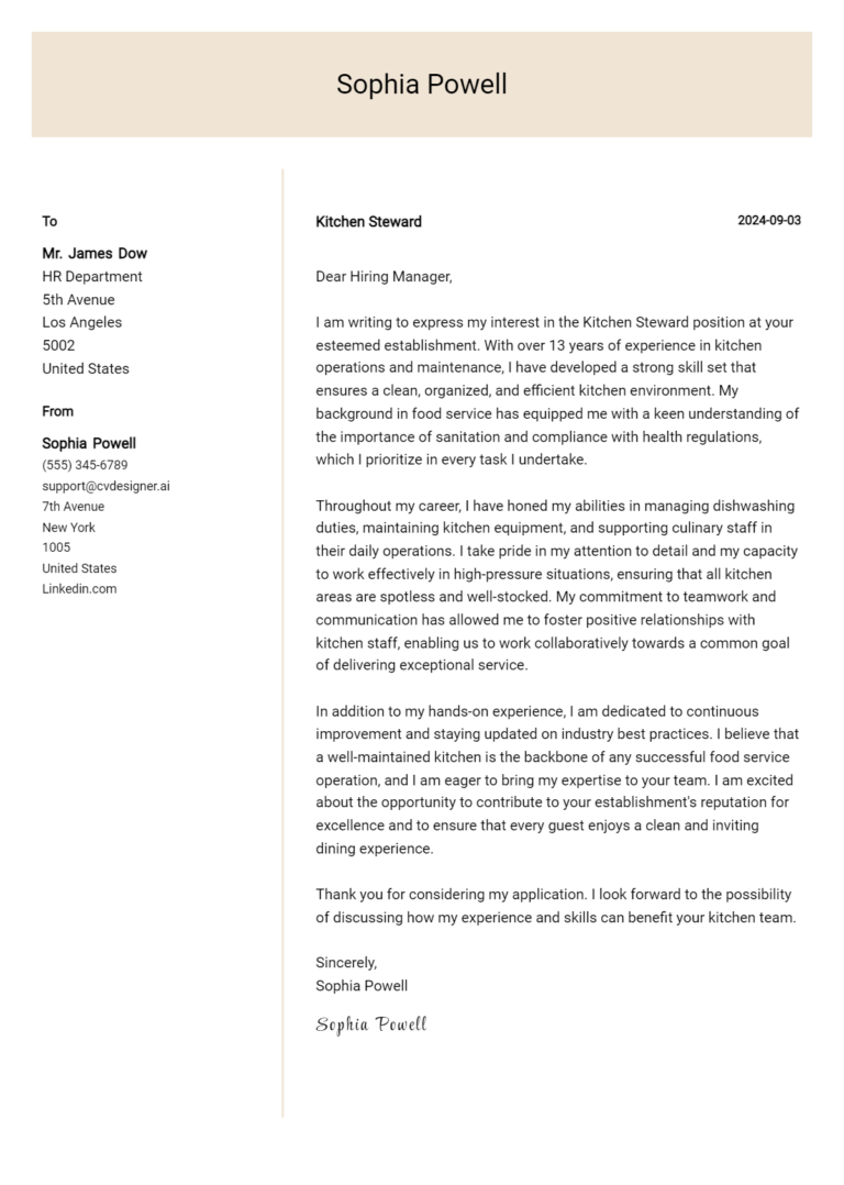 Kitchen Steward Cover Letter Example for 2025: Proven Tips