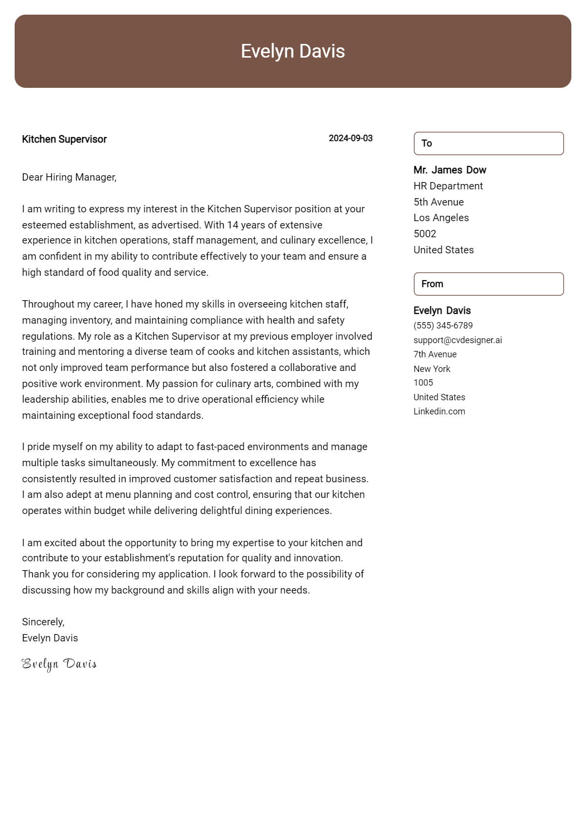 kitchen supervisor cover letter example