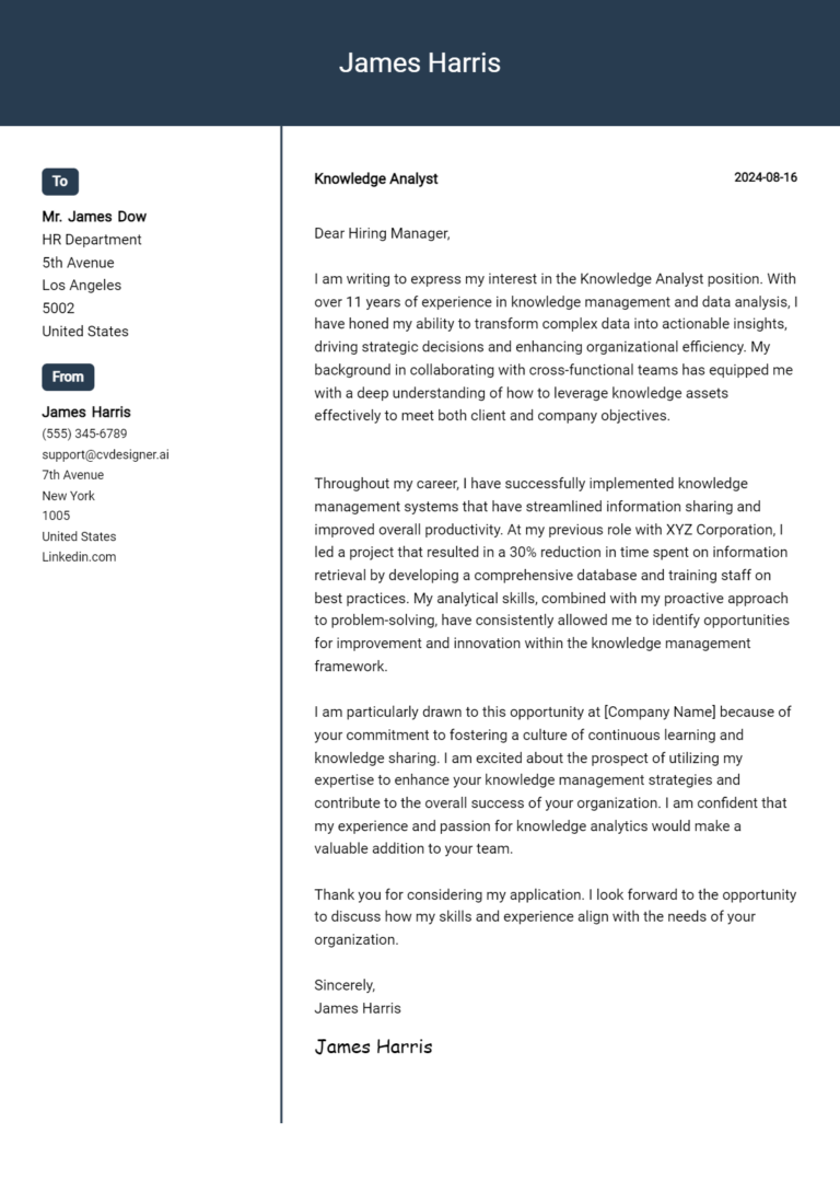 Knowledge Analyst Cover Letter Examples & Samples for 2025 1 Knowledge Analyst Cover Letter Examples & Samples for 2025