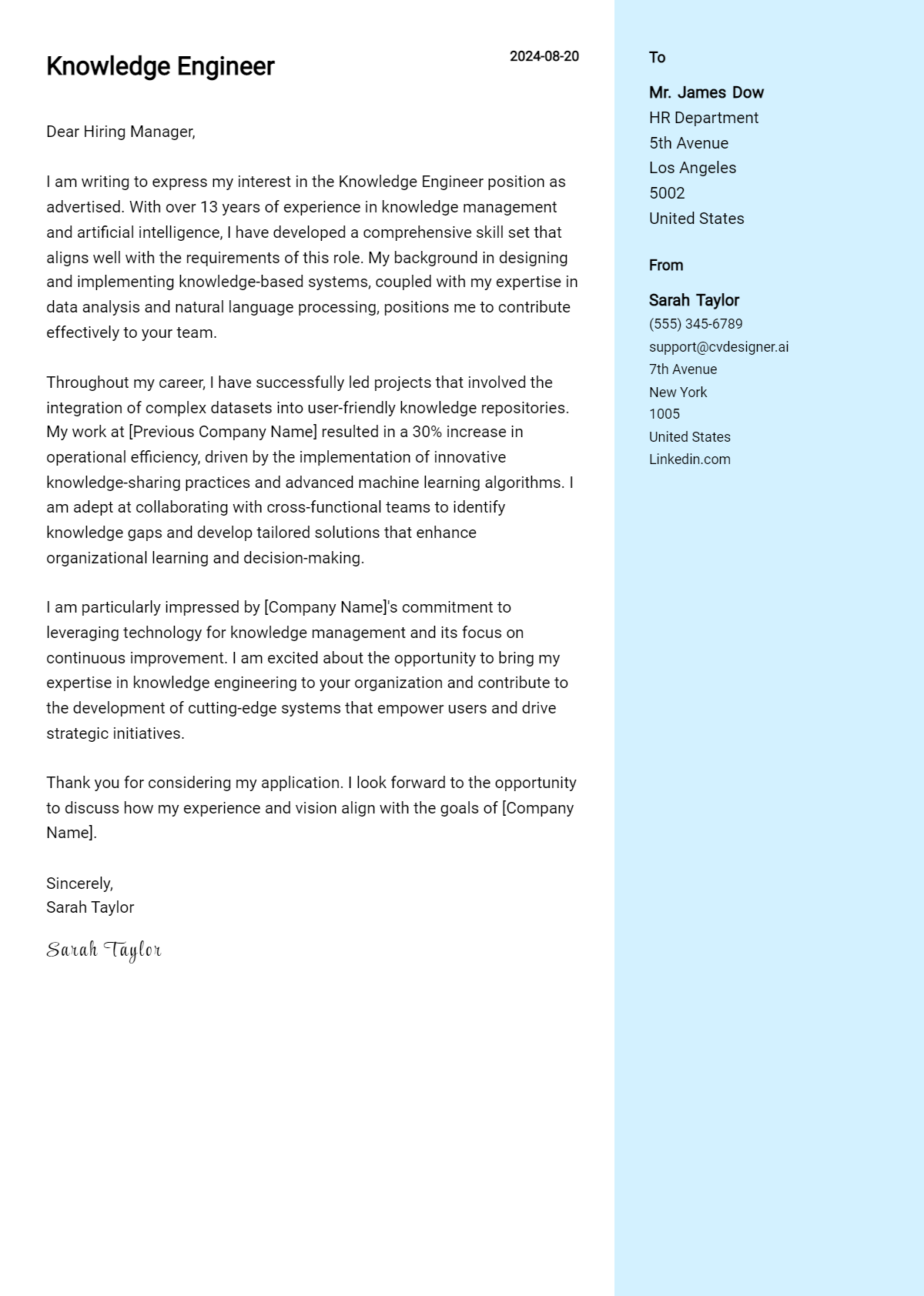 knowledge engineer cover letter example