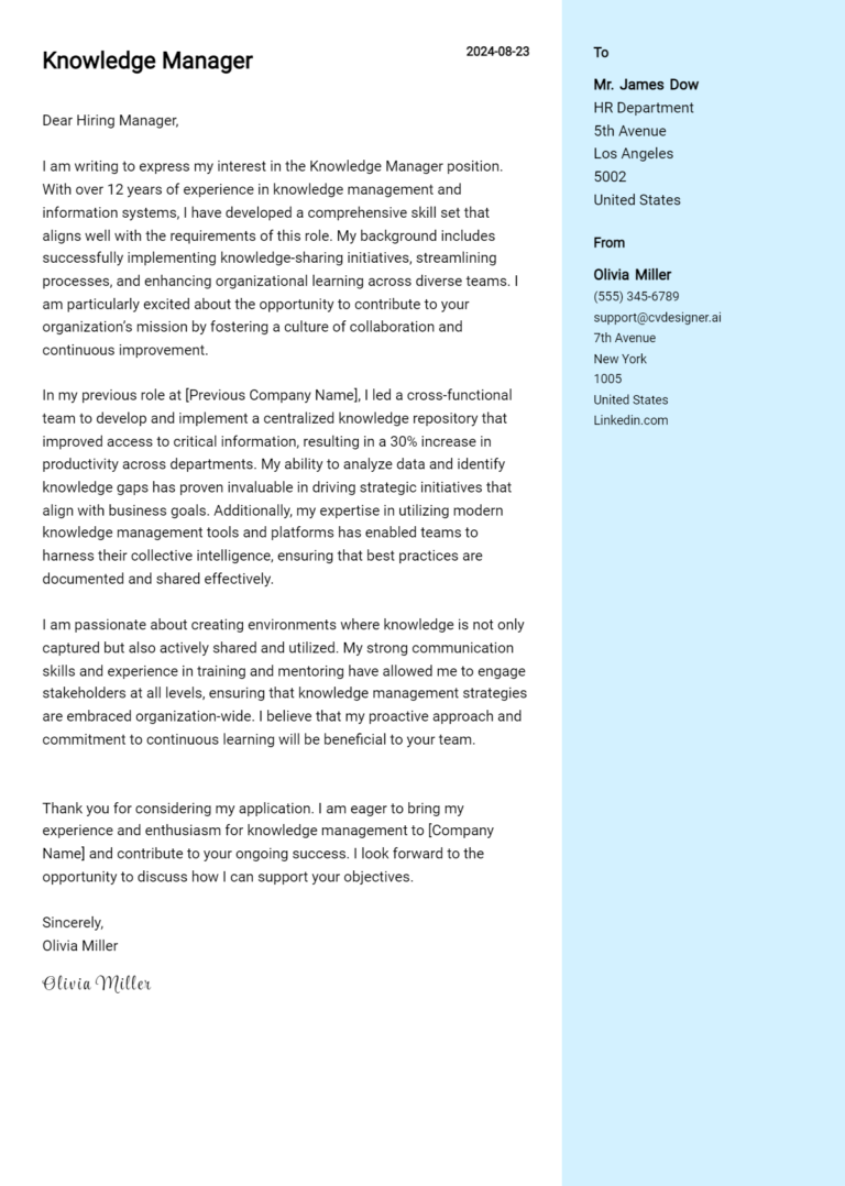 Knowledge Manager Cover Letter Example for 2025 (Complete Writing Guide)