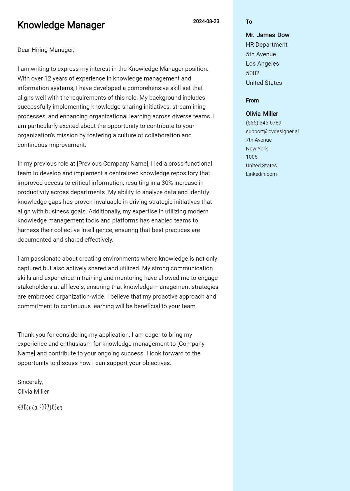 knowledge manager cover letter example