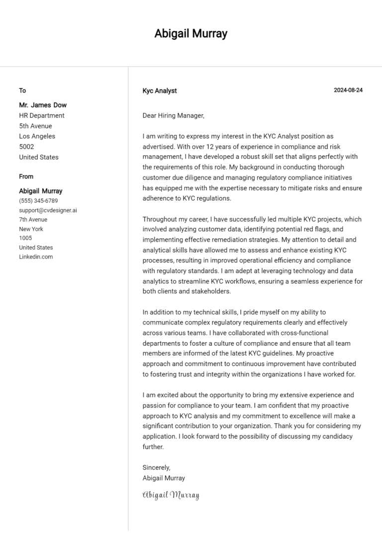 Kyc Analyst Cover Letter Example for 2025: Top CV Skills