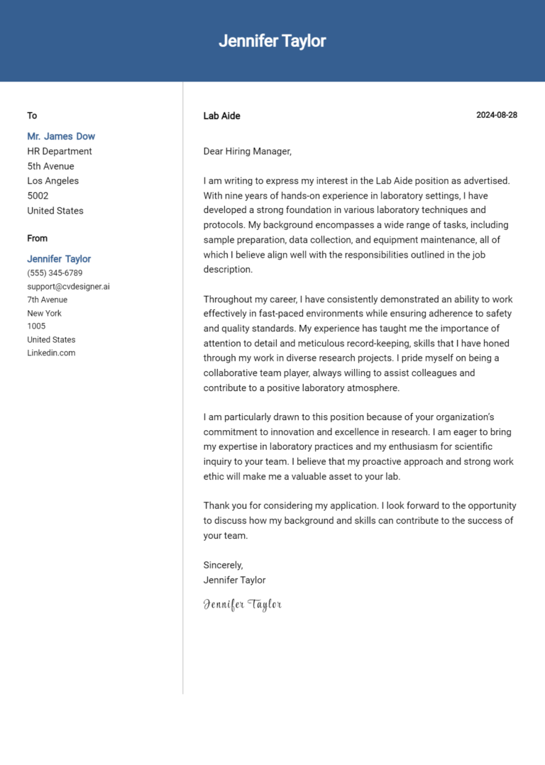 Lab Aide Cover Letter Example for 2025: Free Templates