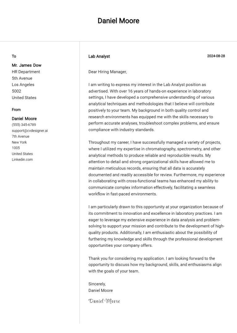 Lab Analyst Cover Letter Samples & Examples 2025