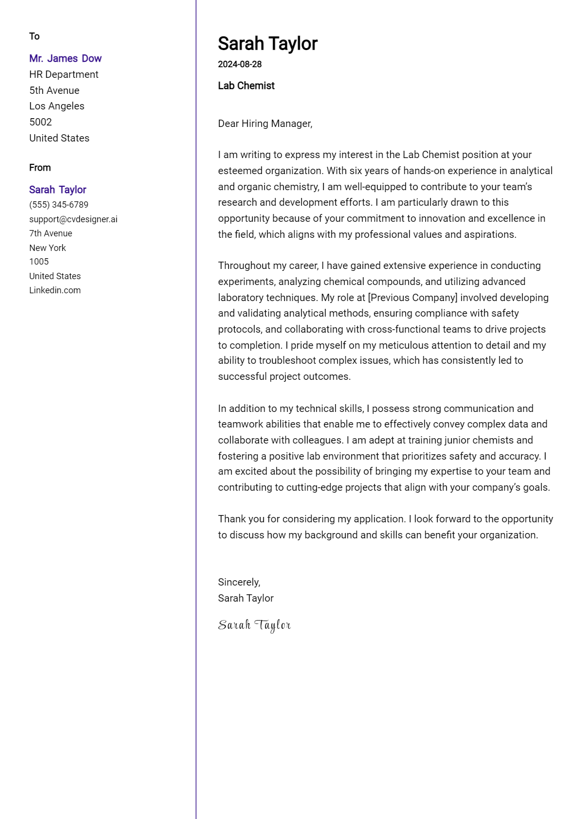 lab chemist cover letter example