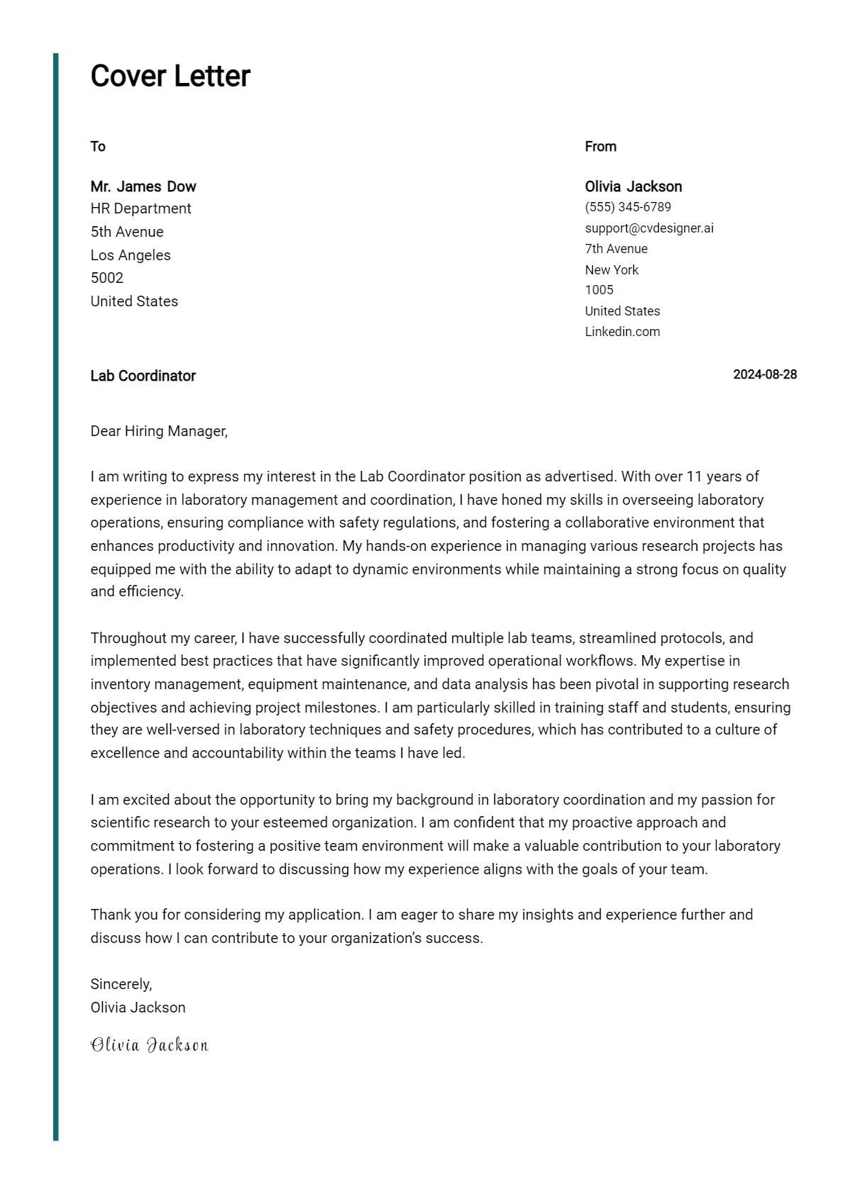 lab coordinator cover letter example