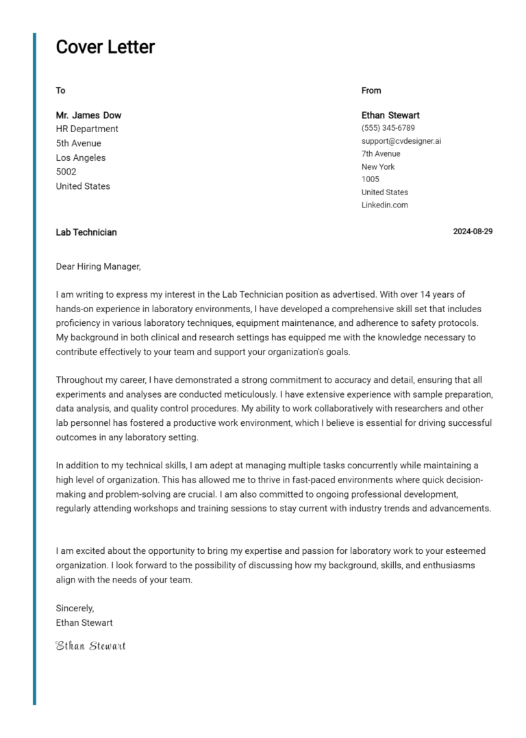 Lab Technician Cover Letter Example for 2025: Ultimate Guide