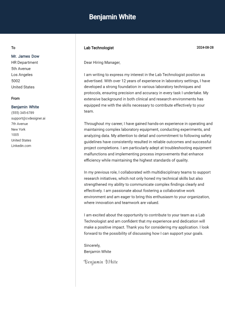 Lab Technologist Cover Letter Examples and Templates for 2025