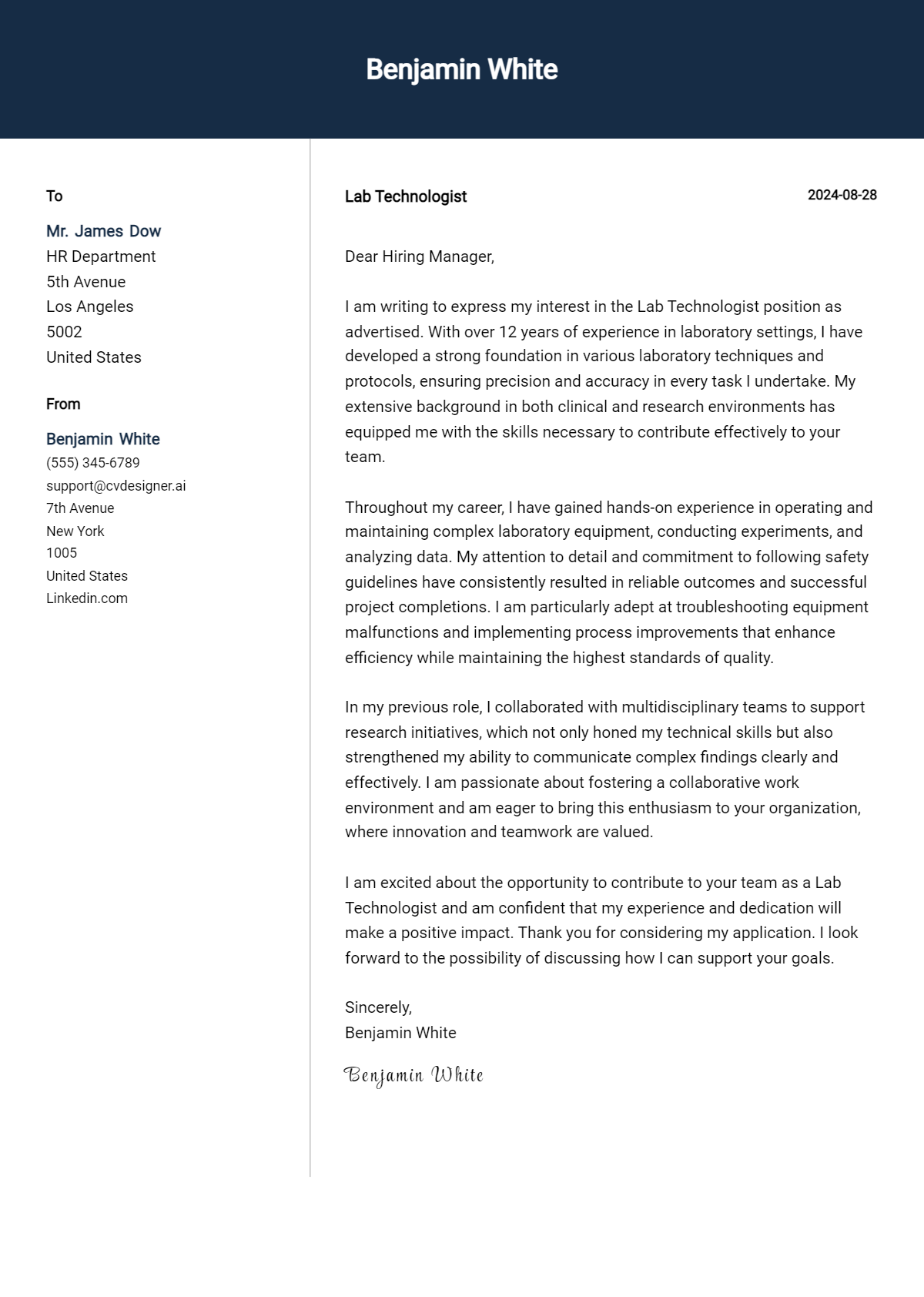 lab technologist cover letter example