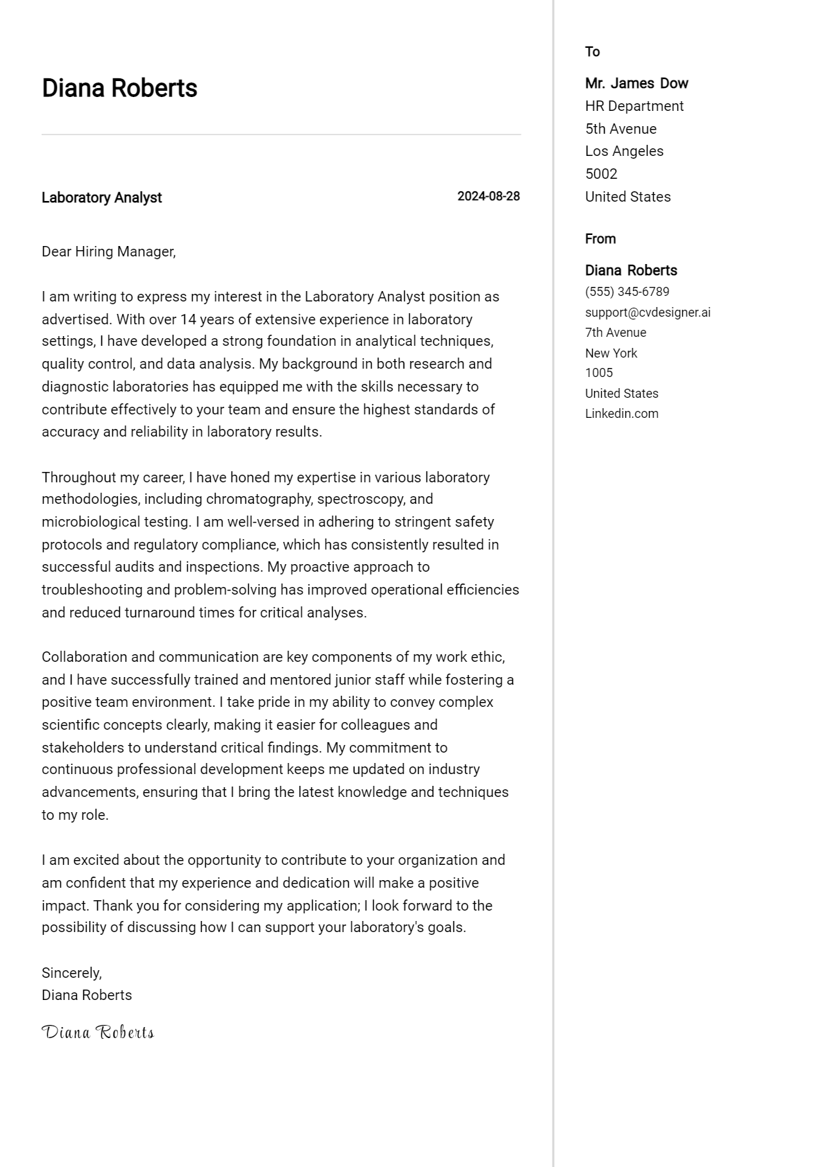 laboratory analyst cover letter example