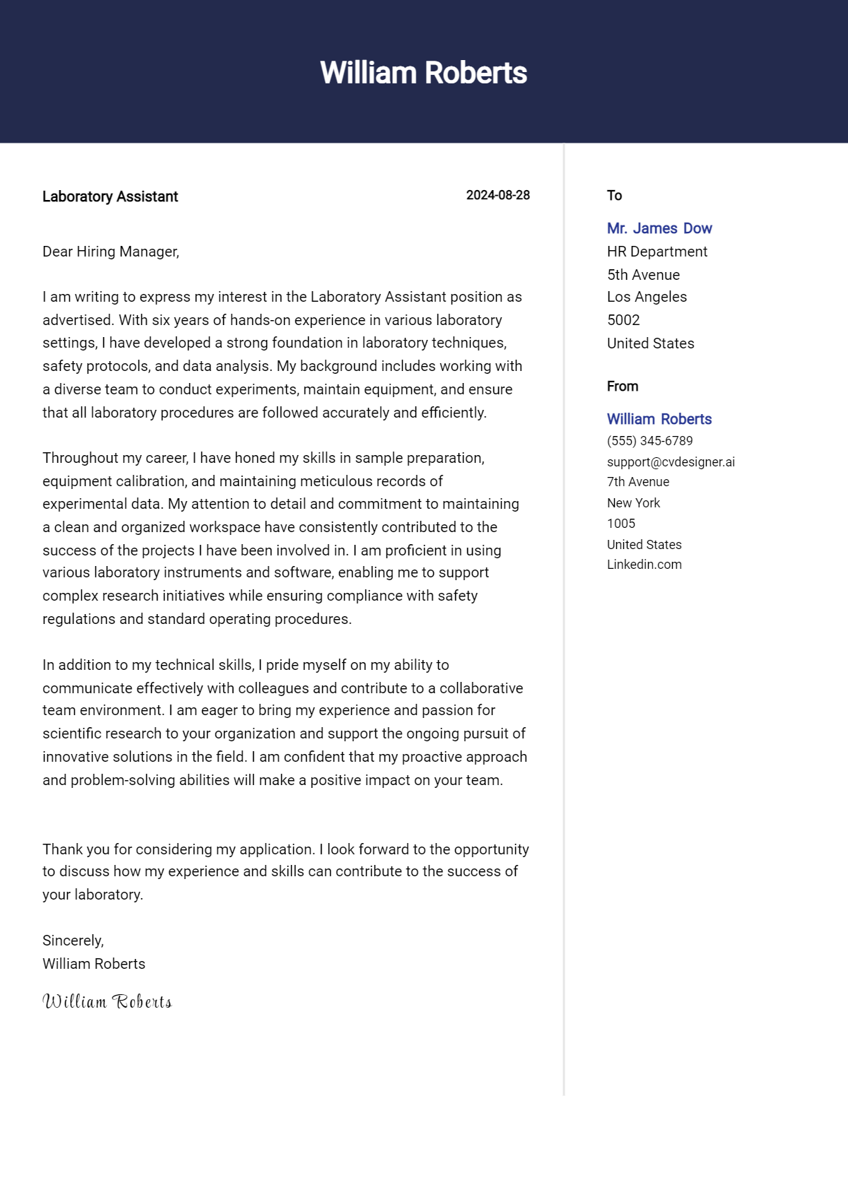 laboratory assistant cover letter example