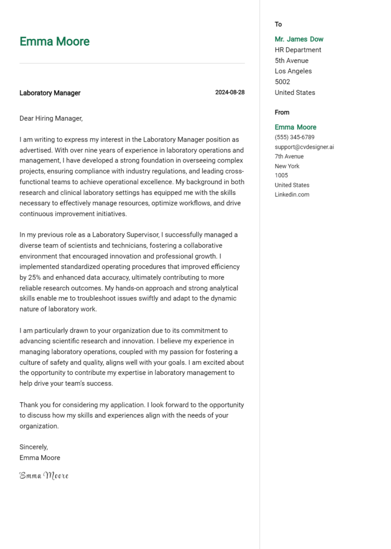 Laboratory Manager Cover Letter Examples for 2025 (Downloadable)