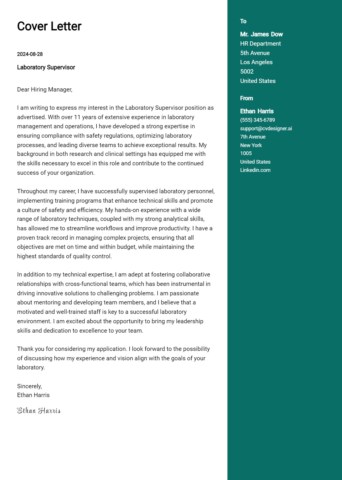 laboratory supervisor cover letter example