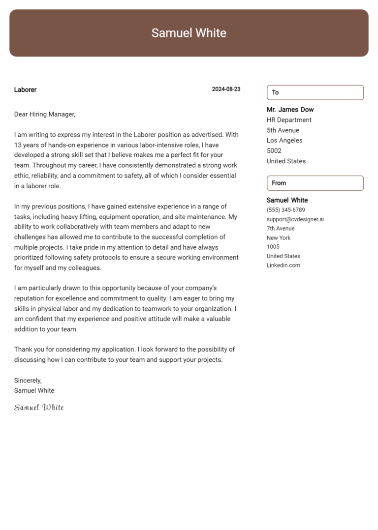 Laborer Cover Letter Examples with Writing Tips for 2025