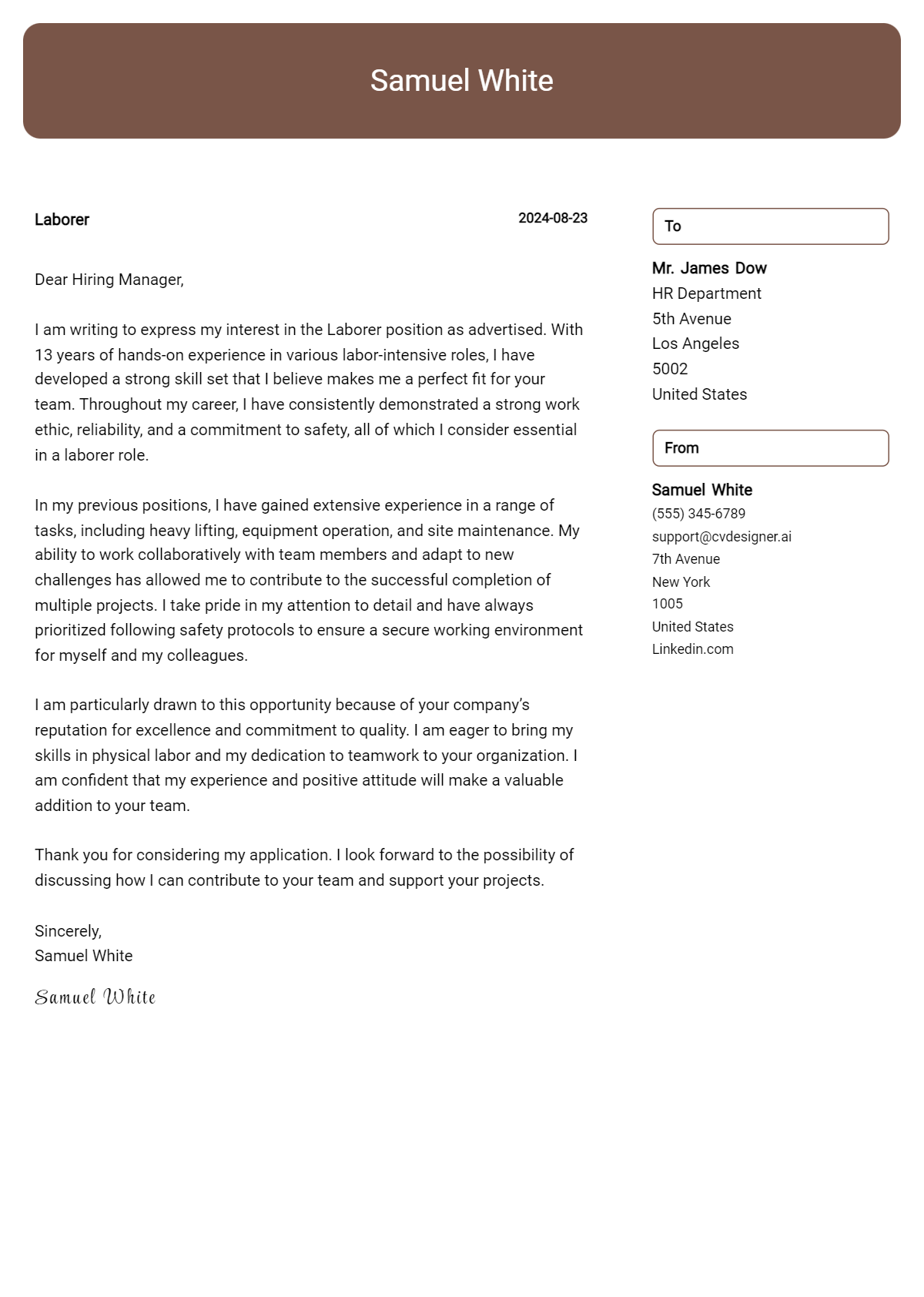 laborer cover letter example