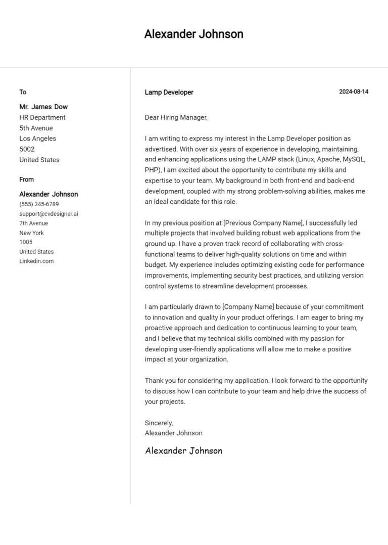 Lamp Developer Cover Letter Examples for 2025 (Downloadable)