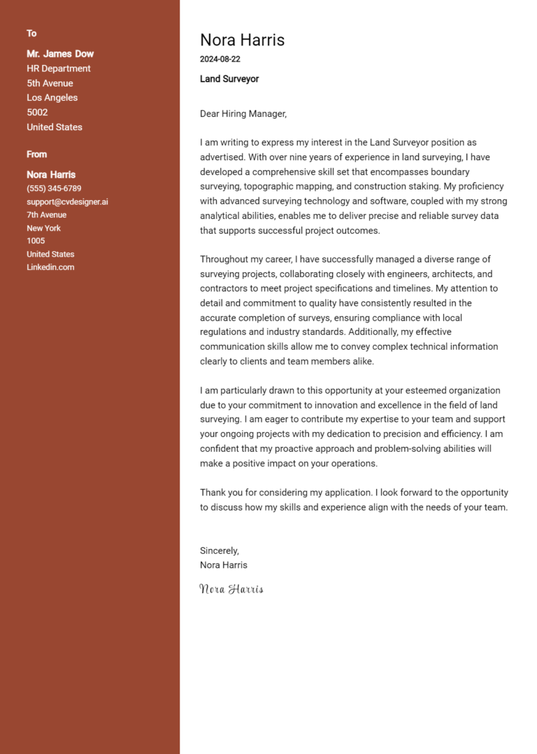 Land Surveyor Cover Letter Example for 2025: Expert Tips & Templates