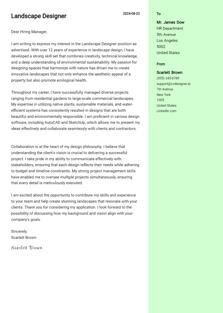 Landscape Designer Cover Letter Example for 2025 (Free Templates)