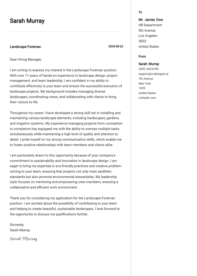 Landscape Foreman Cover Letter Samples & Examples 2025 1 Landscape Foreman Cover Letter Samples & Examples 2025